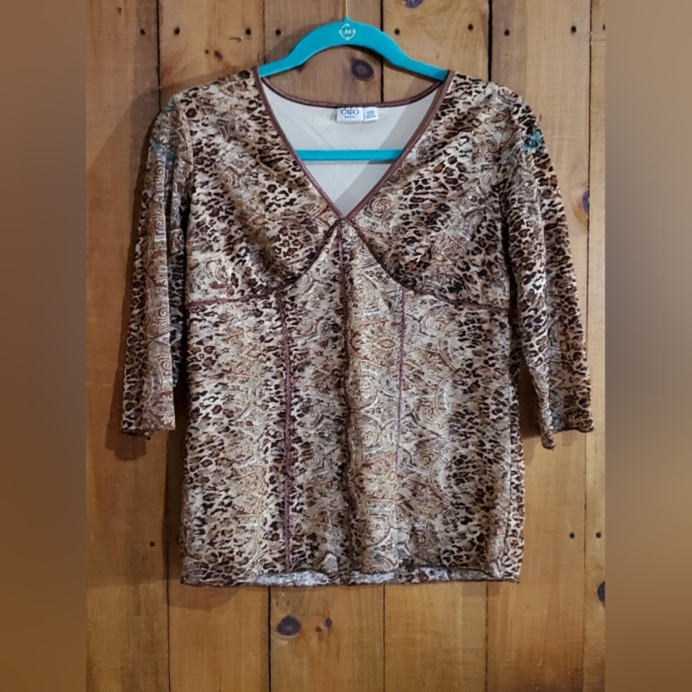 SALE 2 FOR $ 18.00 !!Cato woman animal print lace blouse, browns, size 14/16W.